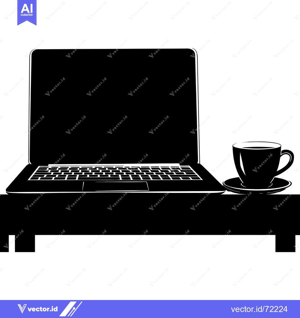 Premium Vector dari Black and white silhouette of a laptop and coffee cup on a table