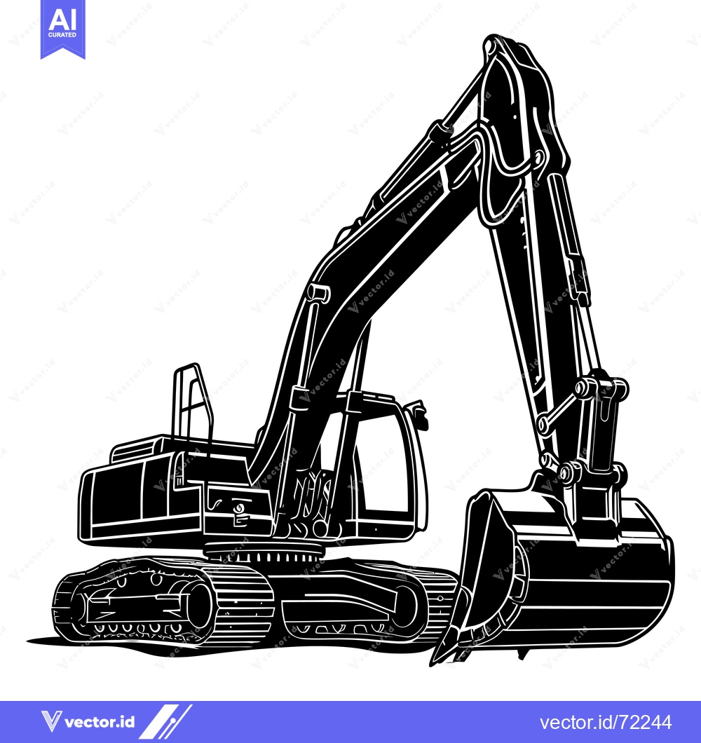 Premium Vector of Black and White Illustration of a Excavator with its Arm Raised