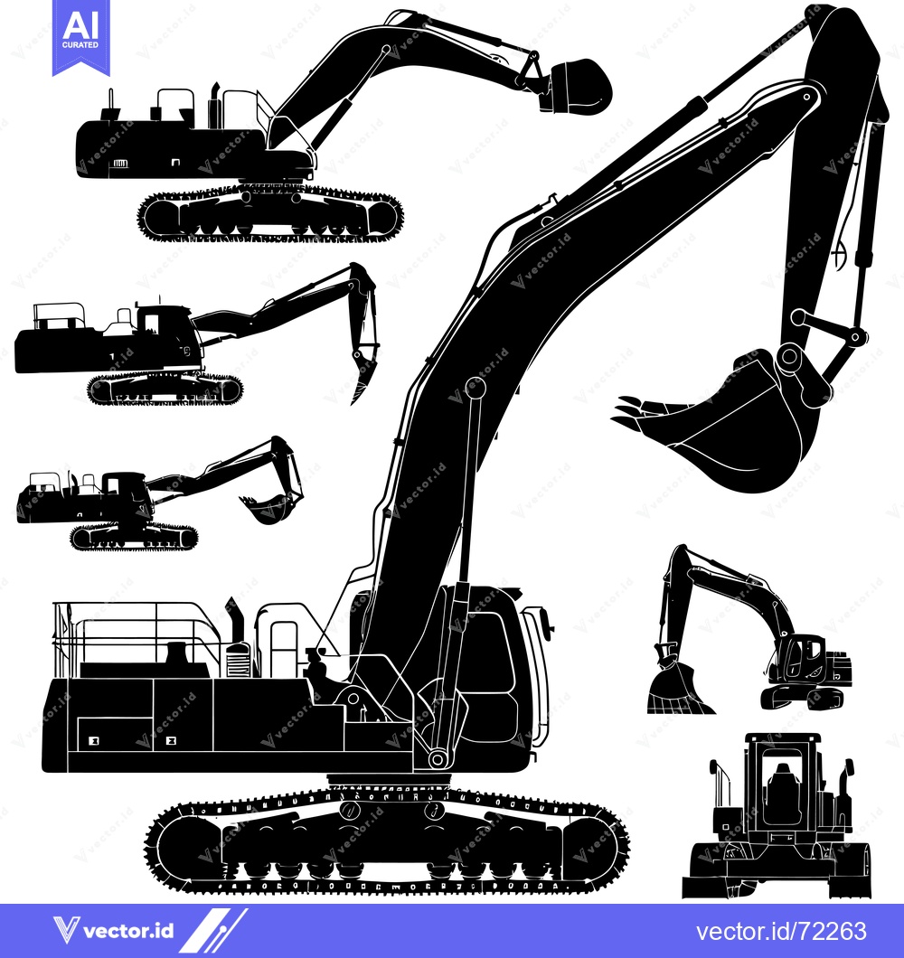 Premium Vector of Excavator in Various Poses - Black and White Silhouette Illustration