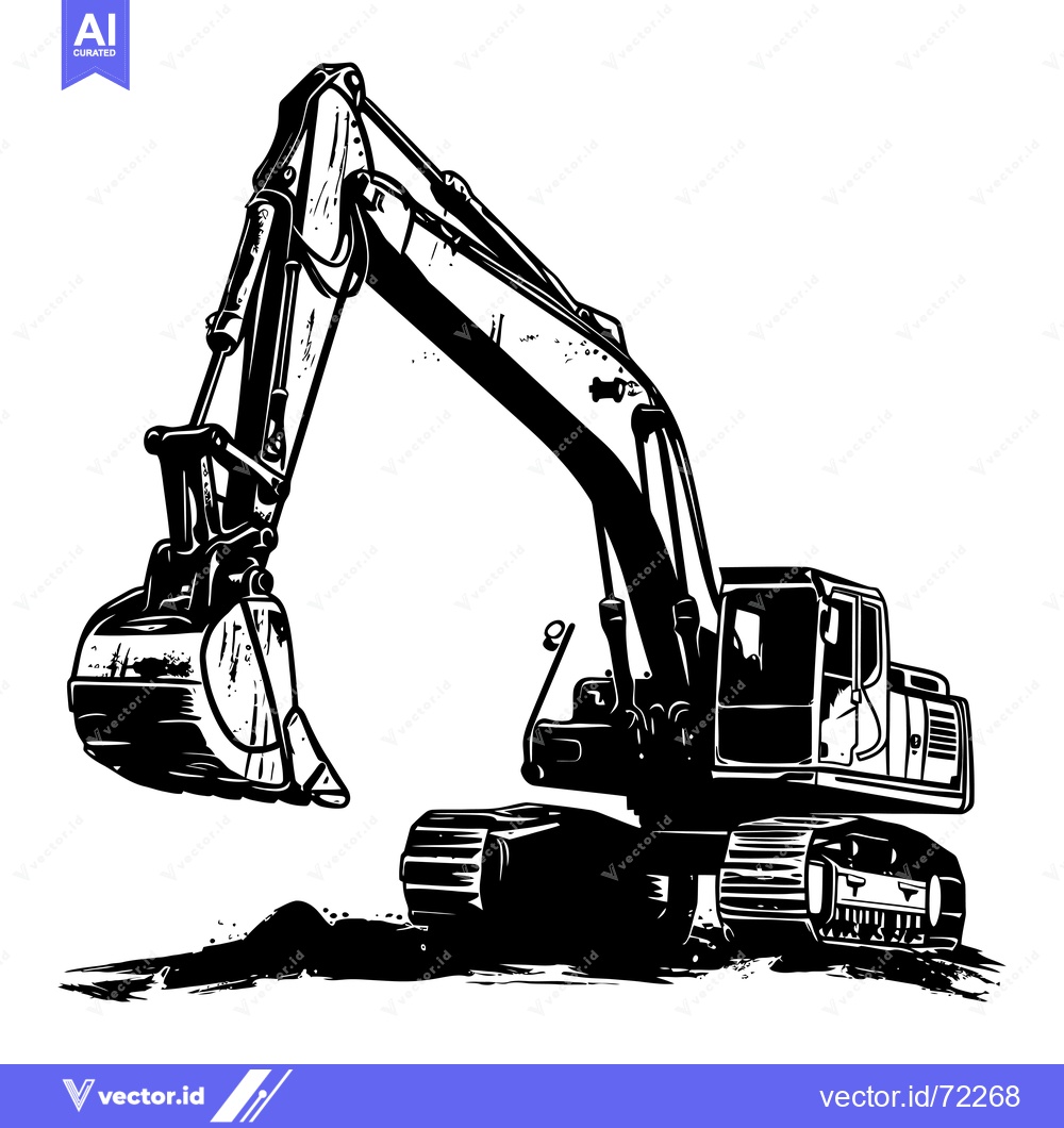 Premium Vector of Black and White Illustration of an Excavator with a Bucket