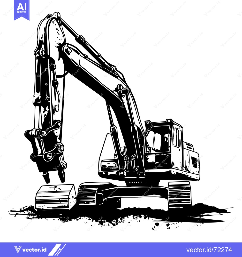 Premium Vector of Black and white illustration of an excavator on a dirt surface