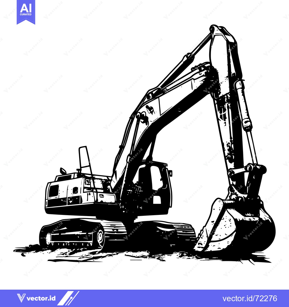 Premium Vector dari Black and white illustration of a large excavator with a raised arm