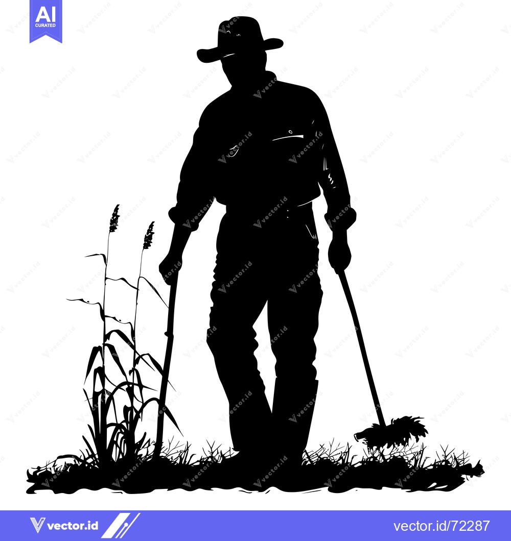 Premium Vector of Silhouette of a Man in a Cowboy Hat Leaning on Two Sticks, Standing in