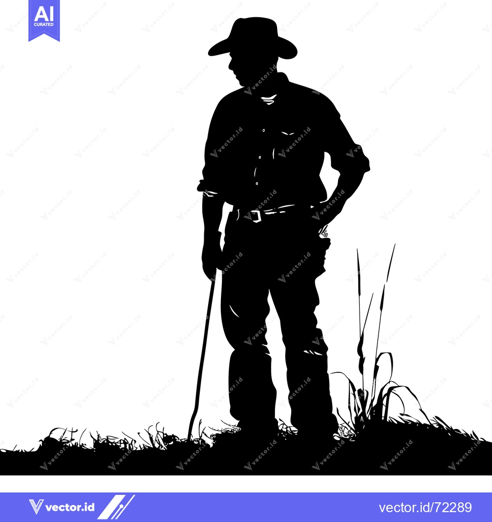 Premium Vector dari Silhouette of a Cowboy Holding a Stick in a Field