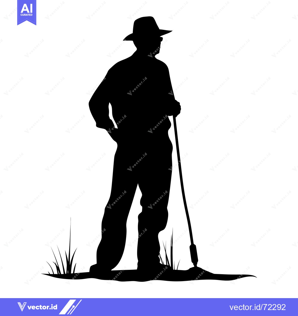 Premium Vector dari Silhouette of a Man with a Hat Holding a Stick Standing in Grass