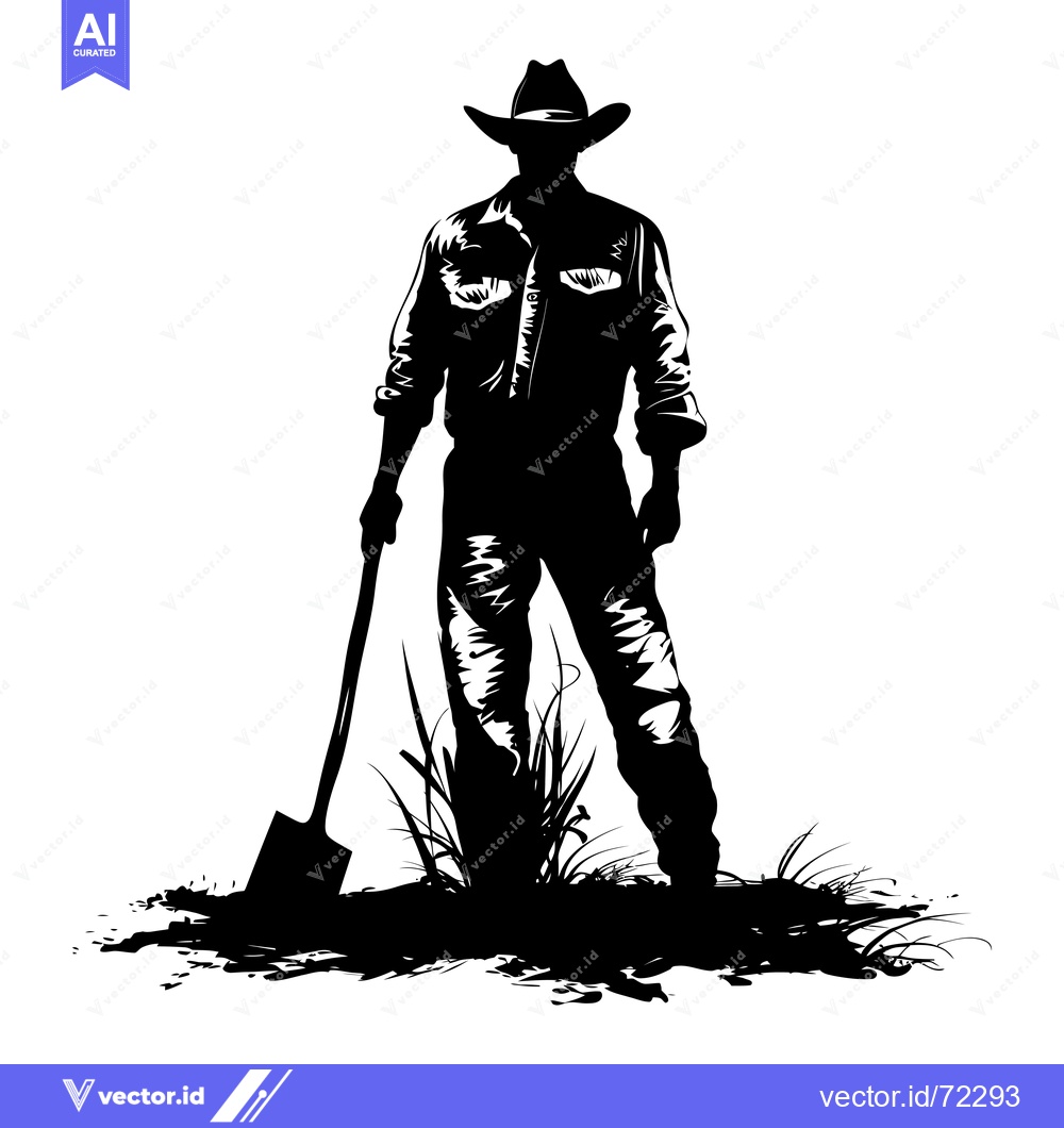Premium Vector dari Silhouette of a Cowboy Holding a Shovel Standing in Grass