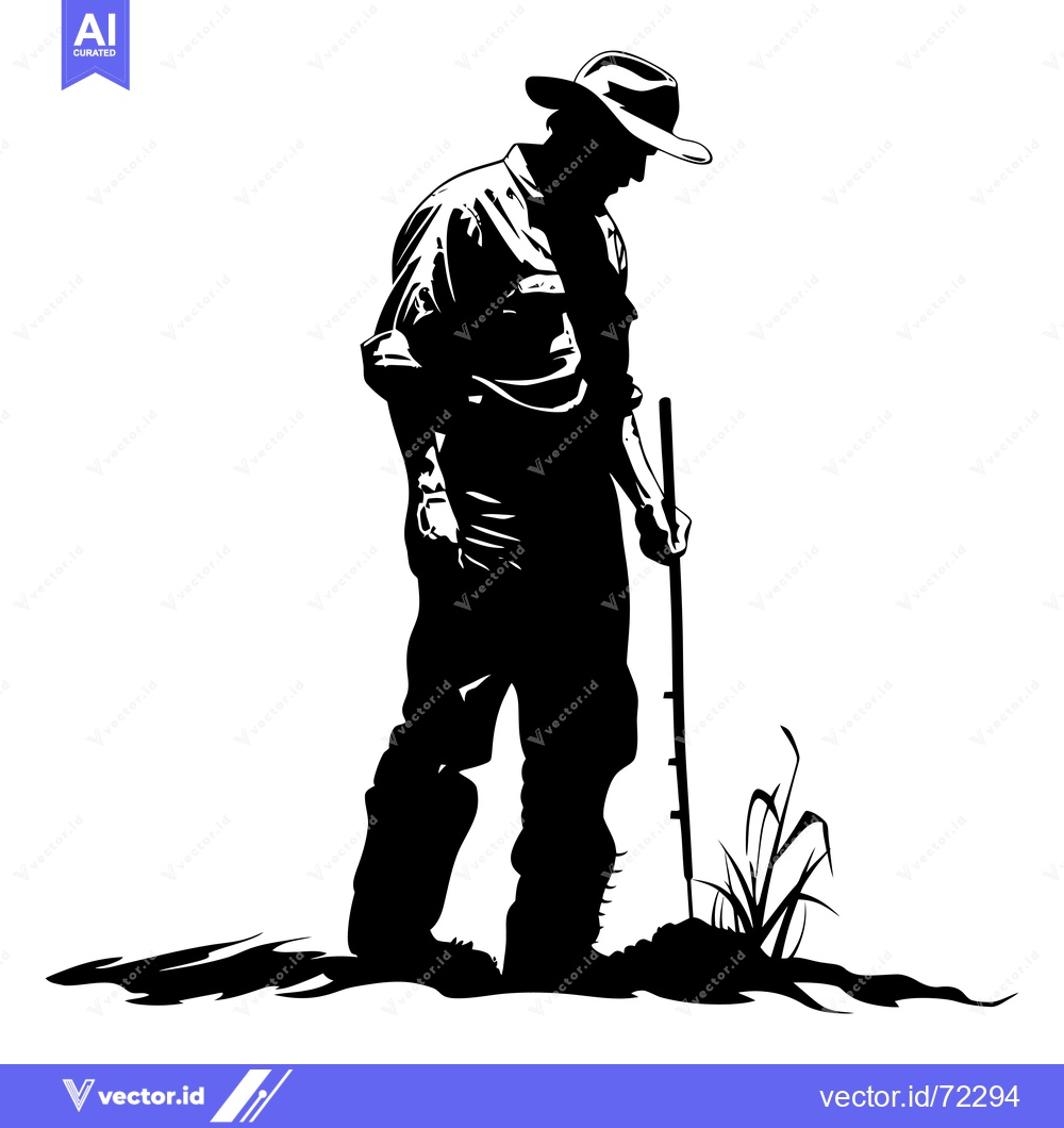 Premium Vector dari Silhouette of a Man in a Cowboy Hat Standing with a Stick in a Field