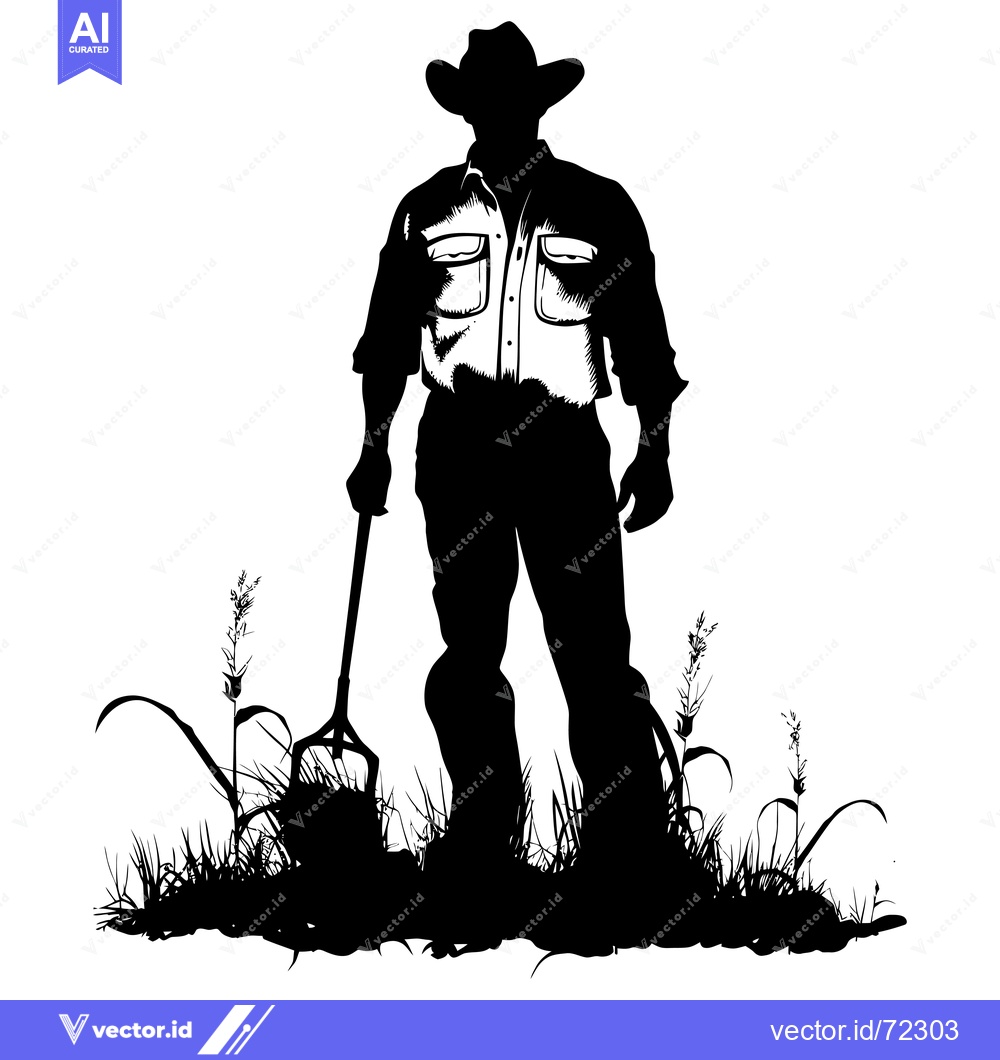 Premium Vector dari Silhouette of a Cowboy Holding a Pitchfork in a Field