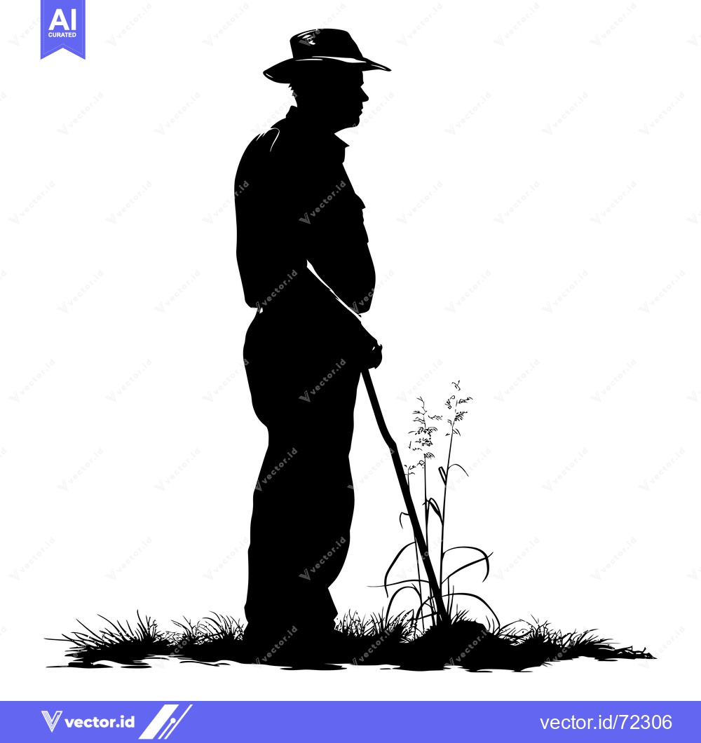 Premium Vector of Silhouette of a Man in a Hat Holding a Stick in a Field
