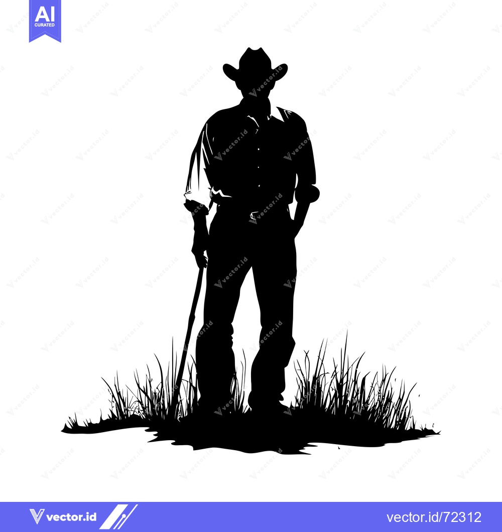 Premium Vector of Silhouette of a Cowboy Standing in Tall Grass with a Cane