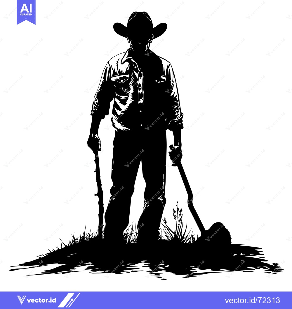 Premium Vector of Silhouette of a Cowboy Holding a Pickaxe and a Stick