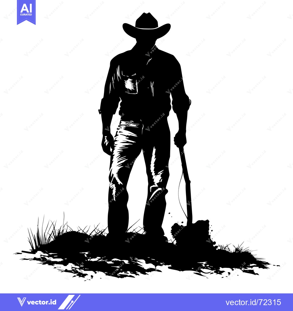 Premium Vector of Silhouette of a Cowboy Holding a Shovel in a Field