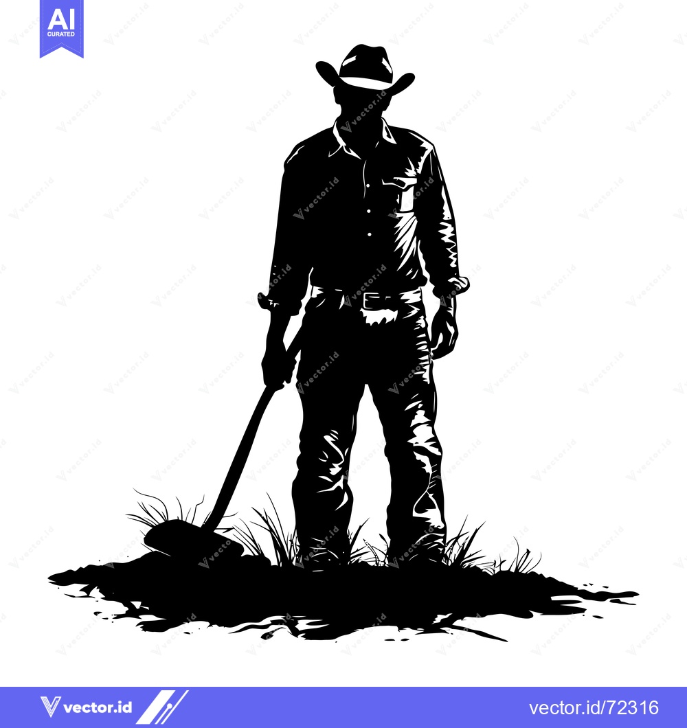 Premium Vector of Silhouette of a Cowboy Holding a Shovel in a Field