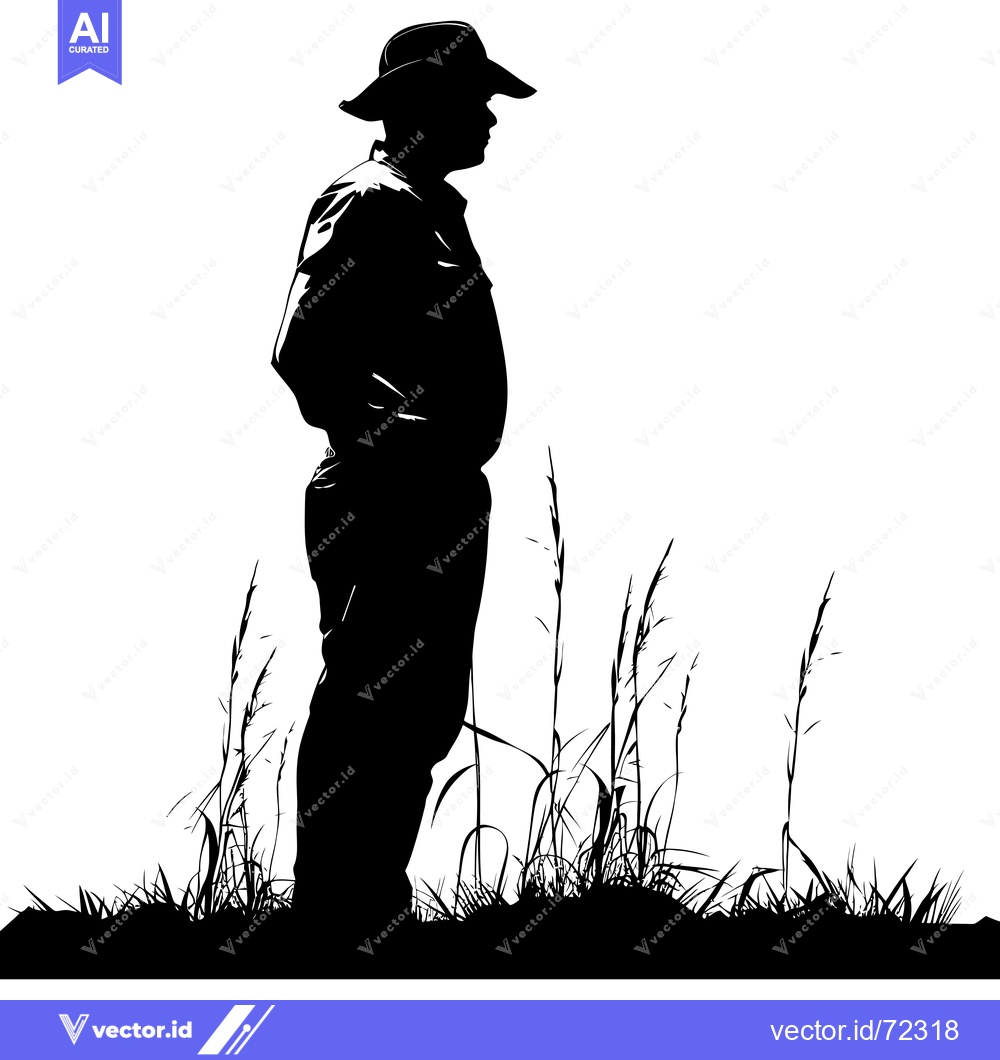 Premium Vector of Silhouette of a Man in a Hat Standing in Tall Grass