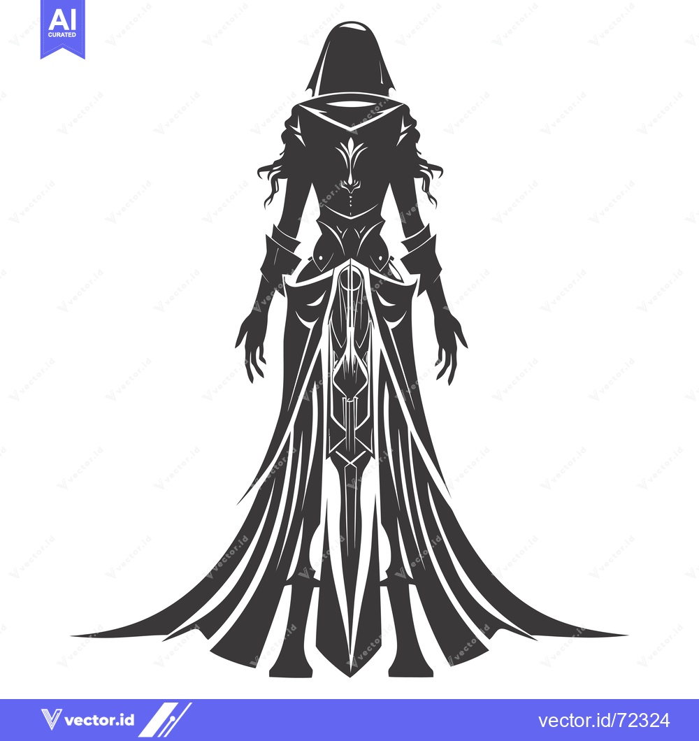 Premium Vector dari Silhouette of a Woman in a Hooded Gown Holding a Sword