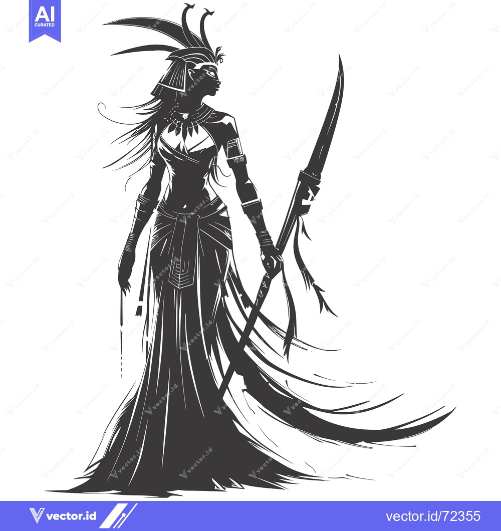 Premium Vector dari Silhouetted Female Warrior with Headdress and Weapon