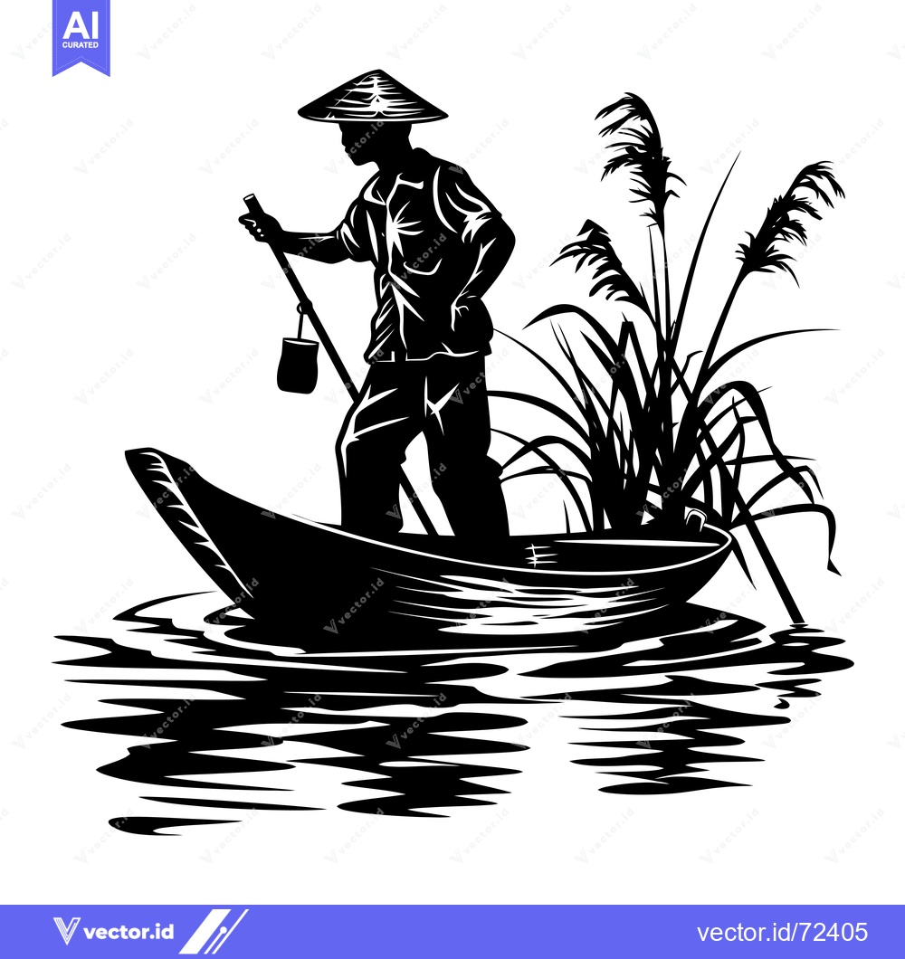 Premium Vector of Silhouette of a Man in a Conical Hat Paddling a Boat Through Reeds