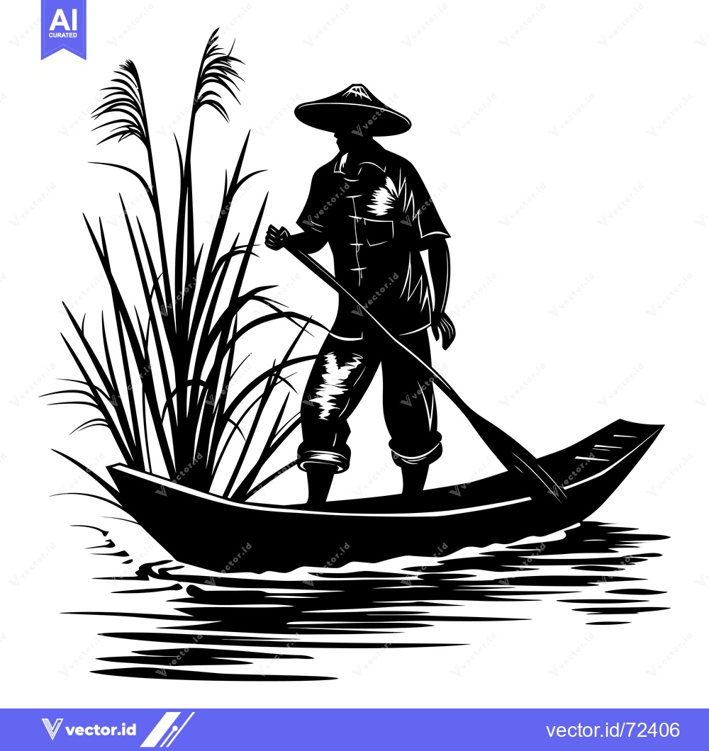 Premium Vector dari Silhouette of a Person in a Boat with a Hat and a Paddle