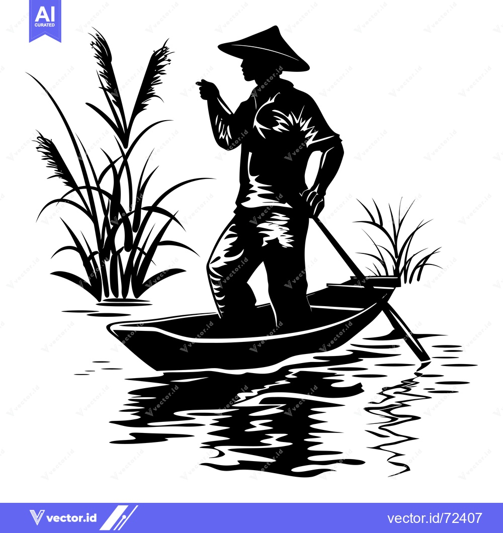 Premium Vector of Silhouette of a Person in a Boat with a Paddle, Navigating a Body of W
