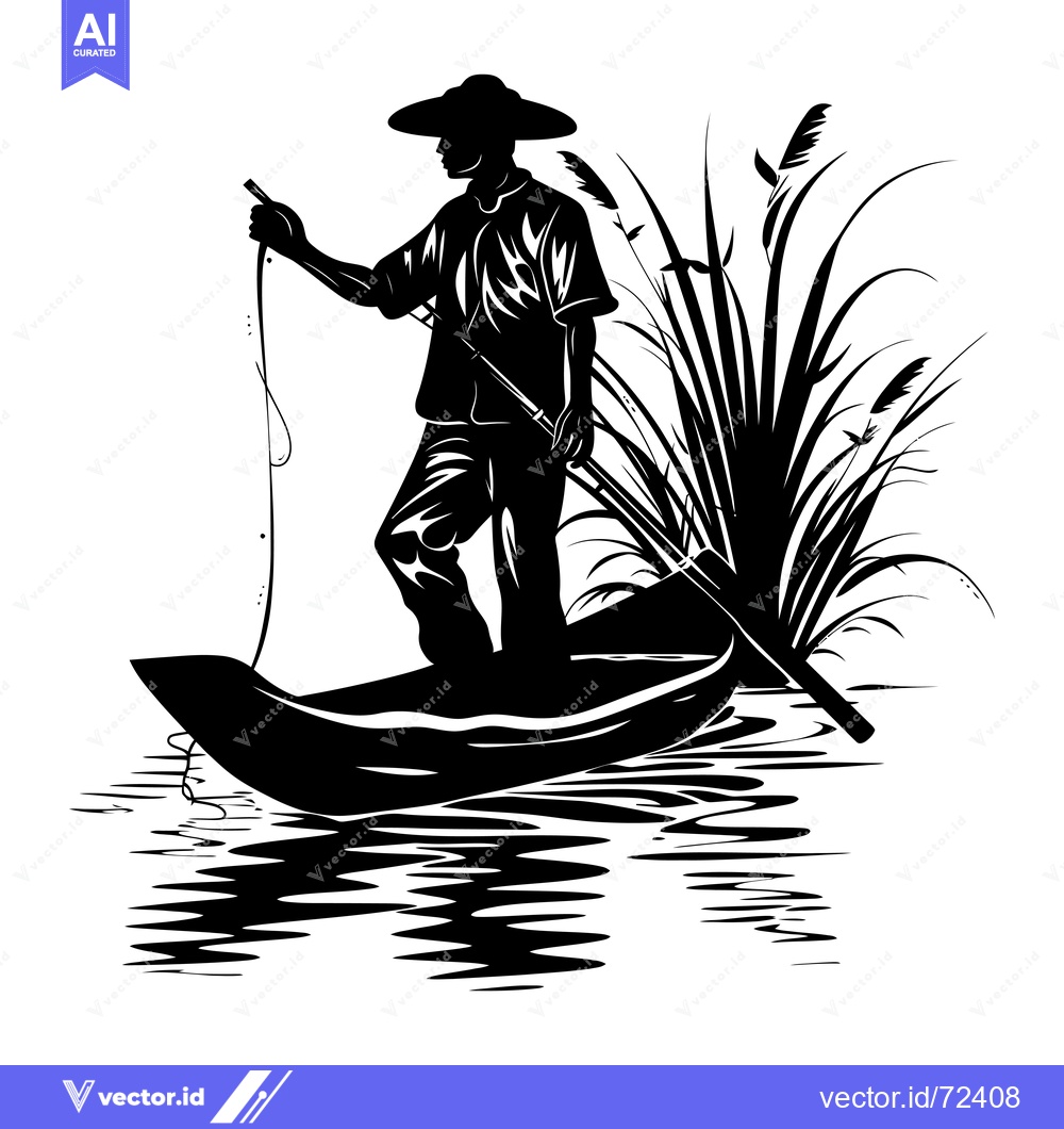 Premium Vector dari Silhouette of a Fisherman in a Boat with a Fishing Rod and Reeds