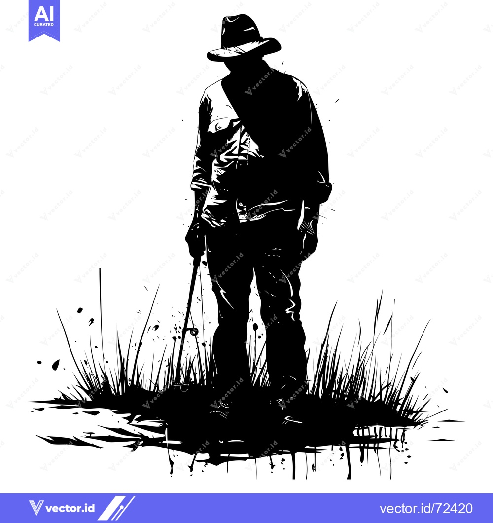 Premium Vector dari Silhouette of a Man in a Hat Standing in Grass and Water