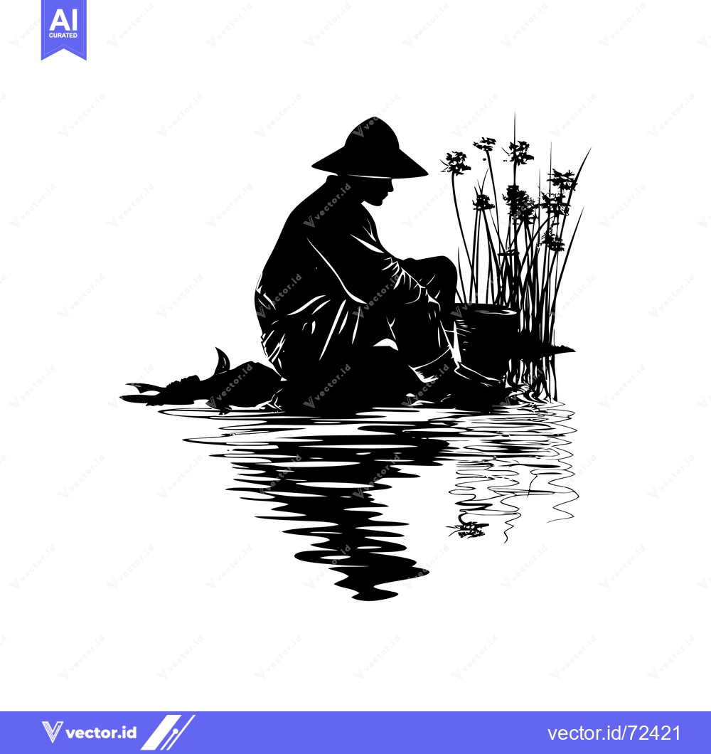 Premium Vector of Silhouette of a man sitting by the water, fishing