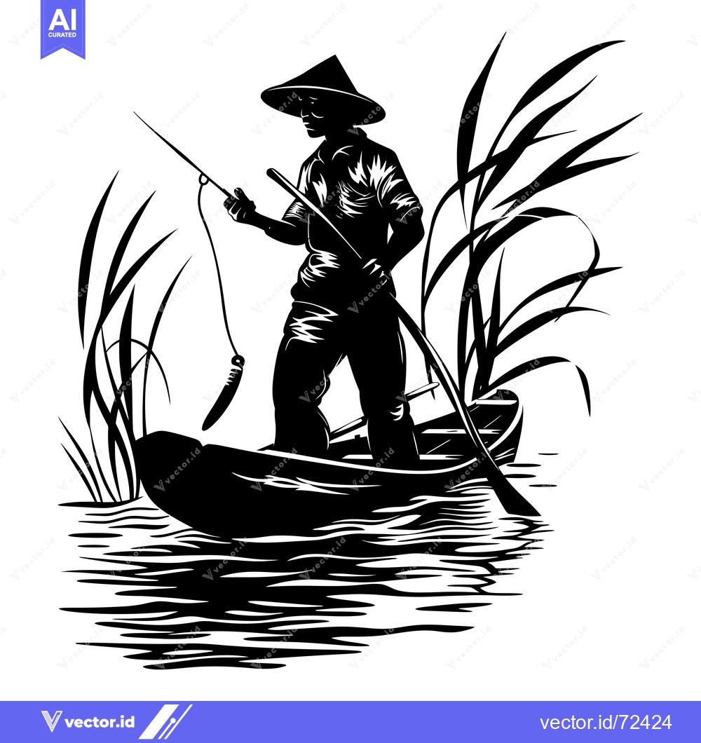 Premium Vector of Fisherman in a Boat with a Conical Hat and a Fishing Rod