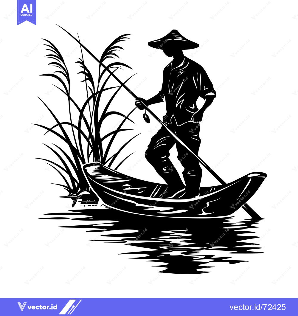 Premium Vector dari Silhouette of a Fisherman in a Boat with a Fishing Rod and Reeds