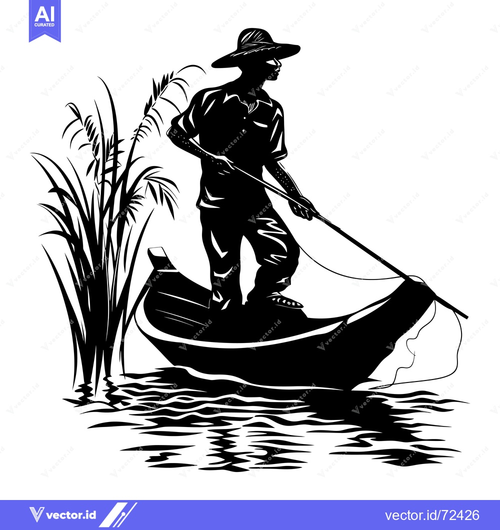 Premium Vector dari Silhouette of a Fisherman in a Boat with a Rod and Reeds