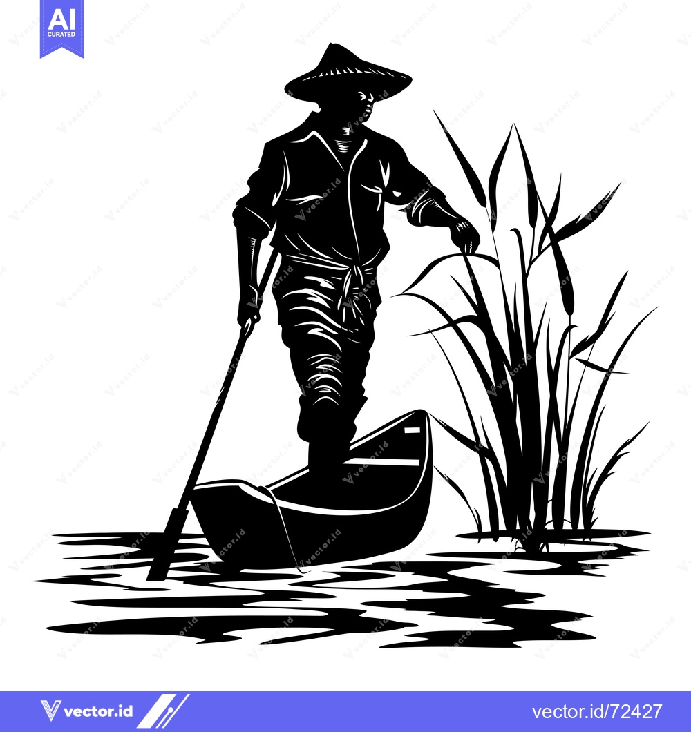 Premium Vector of Silhouette of a Man Paddling a Canoe Through Reeds