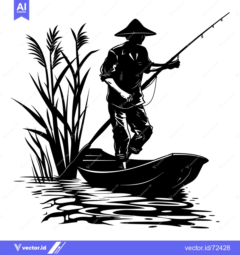 Premium Vector dari Silhouette of a Fisherman in a Boat with a Fishing Rod and Reeds