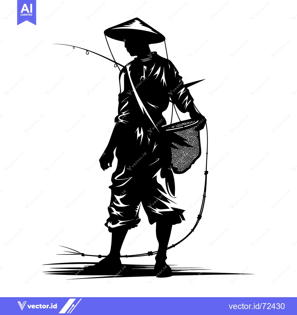 Premium Vector dari Silhouette of a Fisherman with a Hat and a Fishing Net