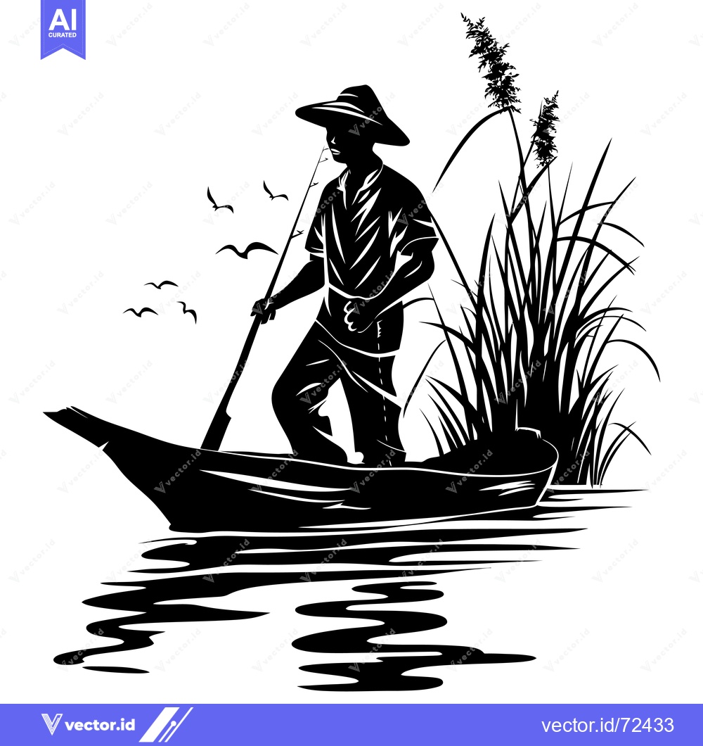 Premium Vector dari Silhouette of a Fisherman in a Boat with a Fishing Rod and Birds Flyin