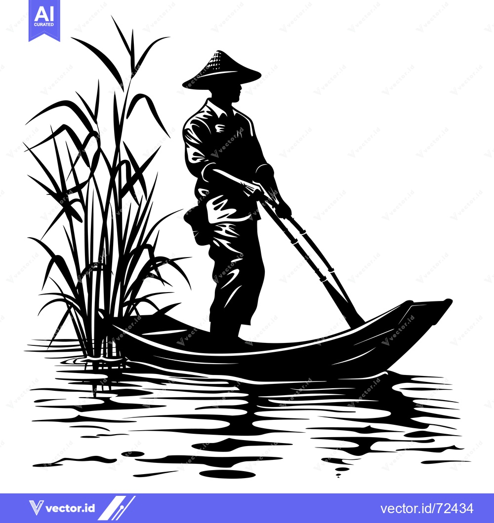 Premium Vector dari Silhouette of a Man in a Conical Hat Rowing a Boat Through Tall Grass