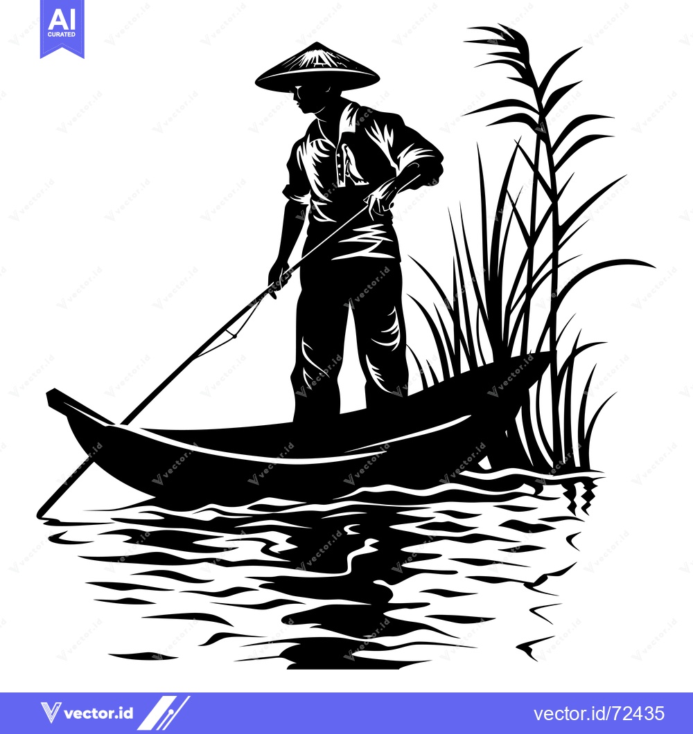 Premium Vector dari Silhouette of a Man in a Conical Hat Fishing From a Boat