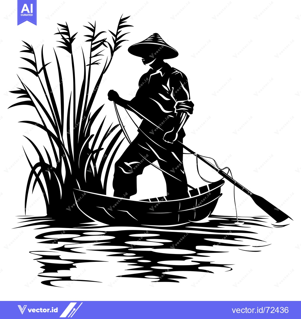 Premium Vector dari Silhouette of a Fisherman in a Conical Hat, Rowing a Boat in a Lake wi