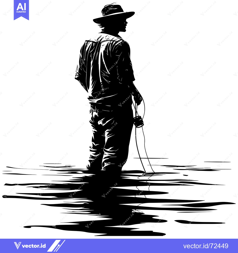 Premium Vector dari Silhouette of a Fisherman Standing in Water with a Rod and Reel