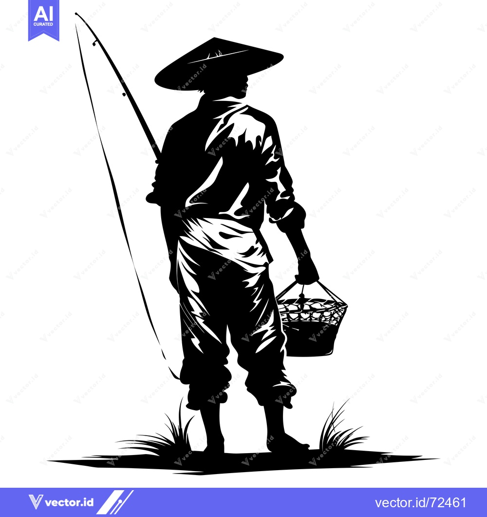 Premium Vector of Silhouette of a Fisherman with a Fishing Rod, Hat, and Bucket