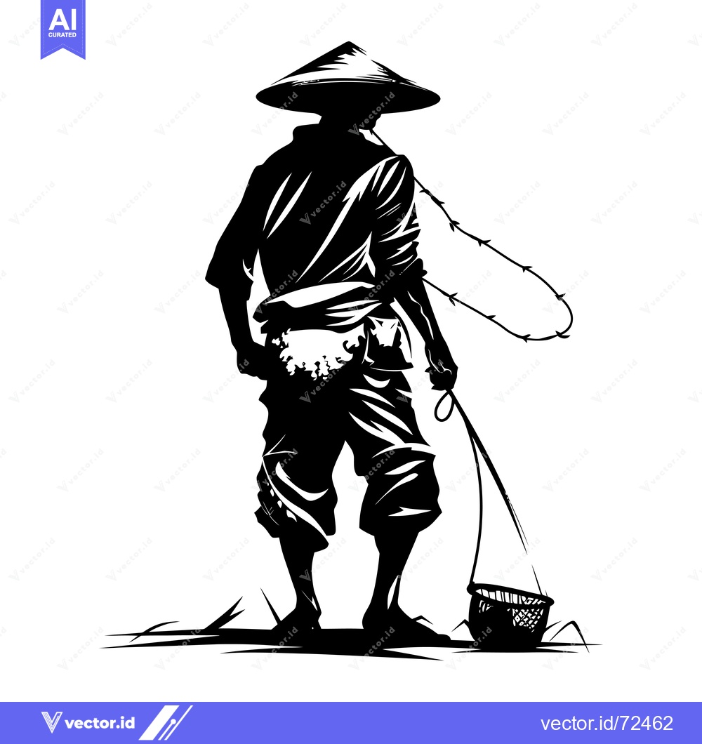 Premium Vector dari Silhouette of a Person in a Conical Hat Holding a Fishing Net