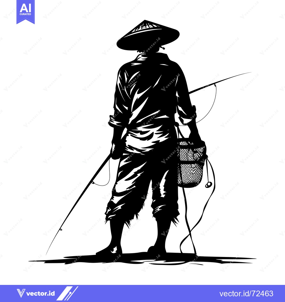 Premium Vector dari Silhouette of a Fisherman with a Conical Hat and Fishing Rod