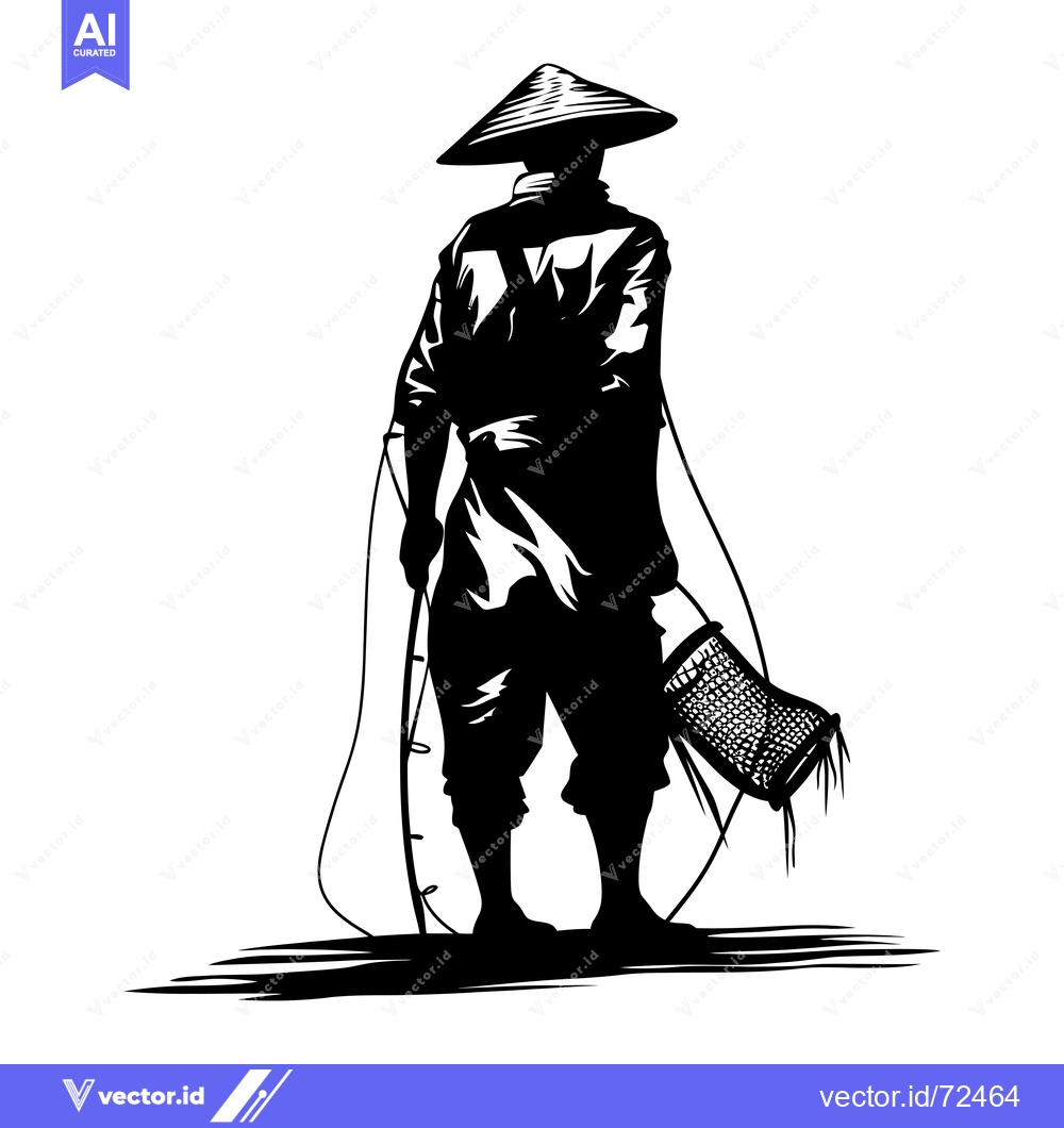 Premium Vector of Silhouette of a Fisherman with a Conical Hat, Fishing Pole, and Net