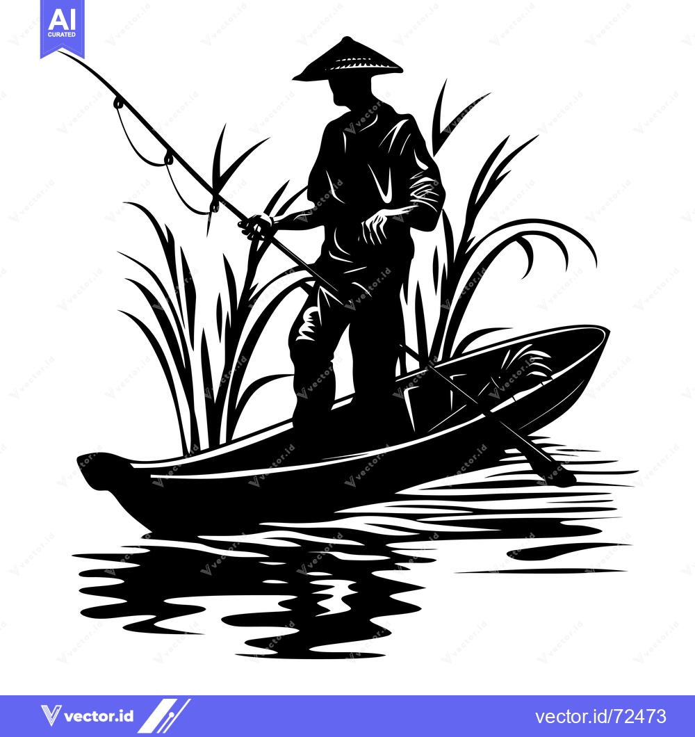 Premium Vector dari Silhouette of a Fisherman in a Boat with a Fishing Rod and a Conical H