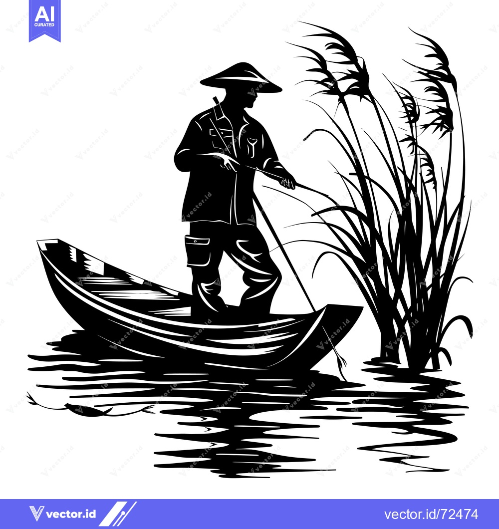Premium Vector dari Silhouette of a Man Fishing from a Boat in a River