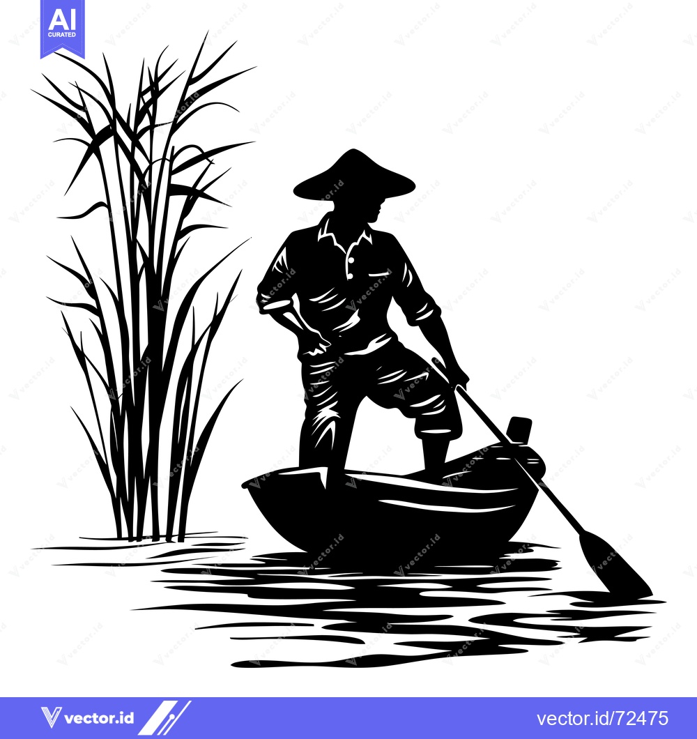 Premium Vector dari Silhouette of a Man Rowing a Boat Through Tall Grass