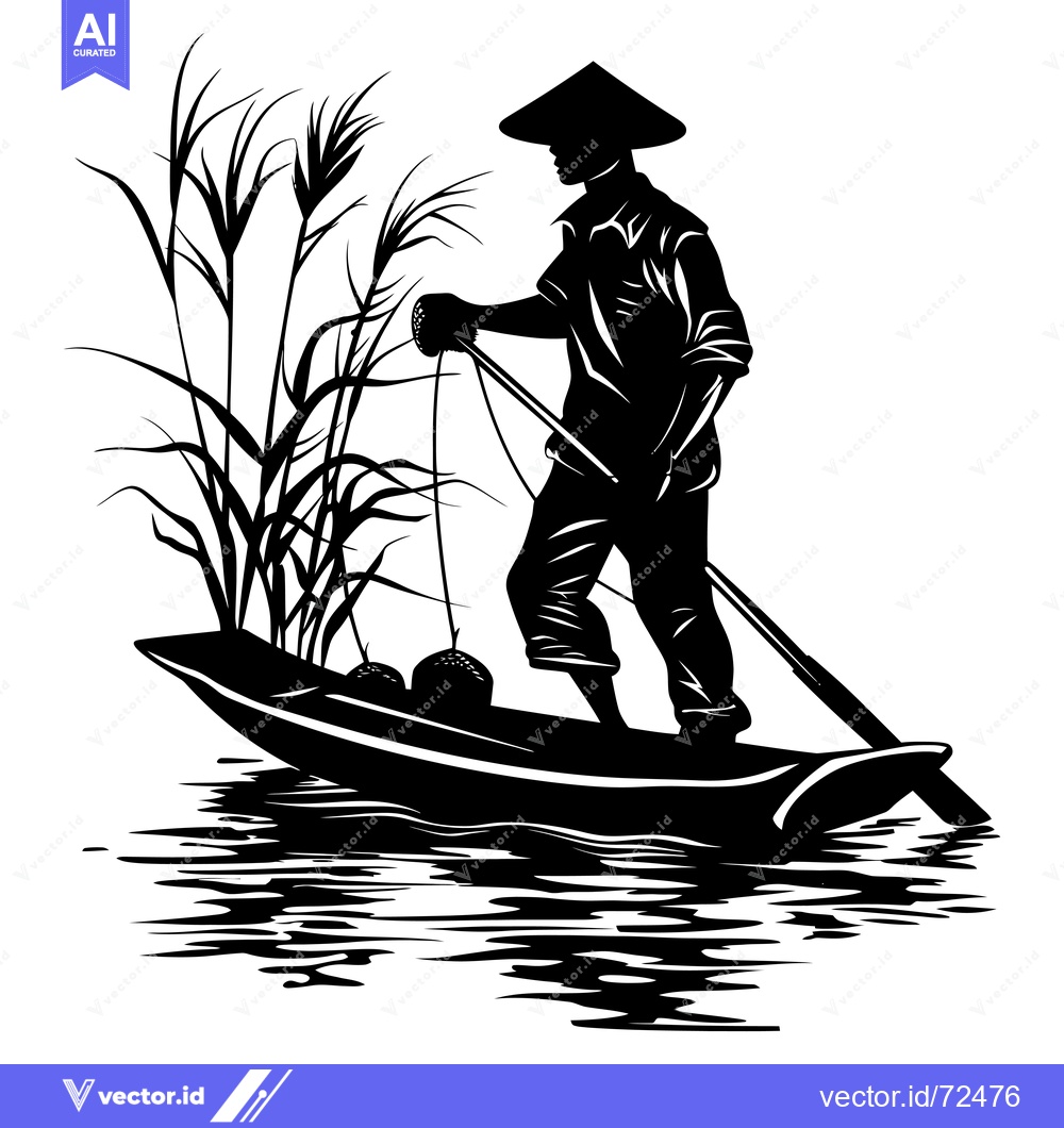 Premium Vector dari Silhouette of a Fisherman in a Boat with a Conical Hat and a Pole