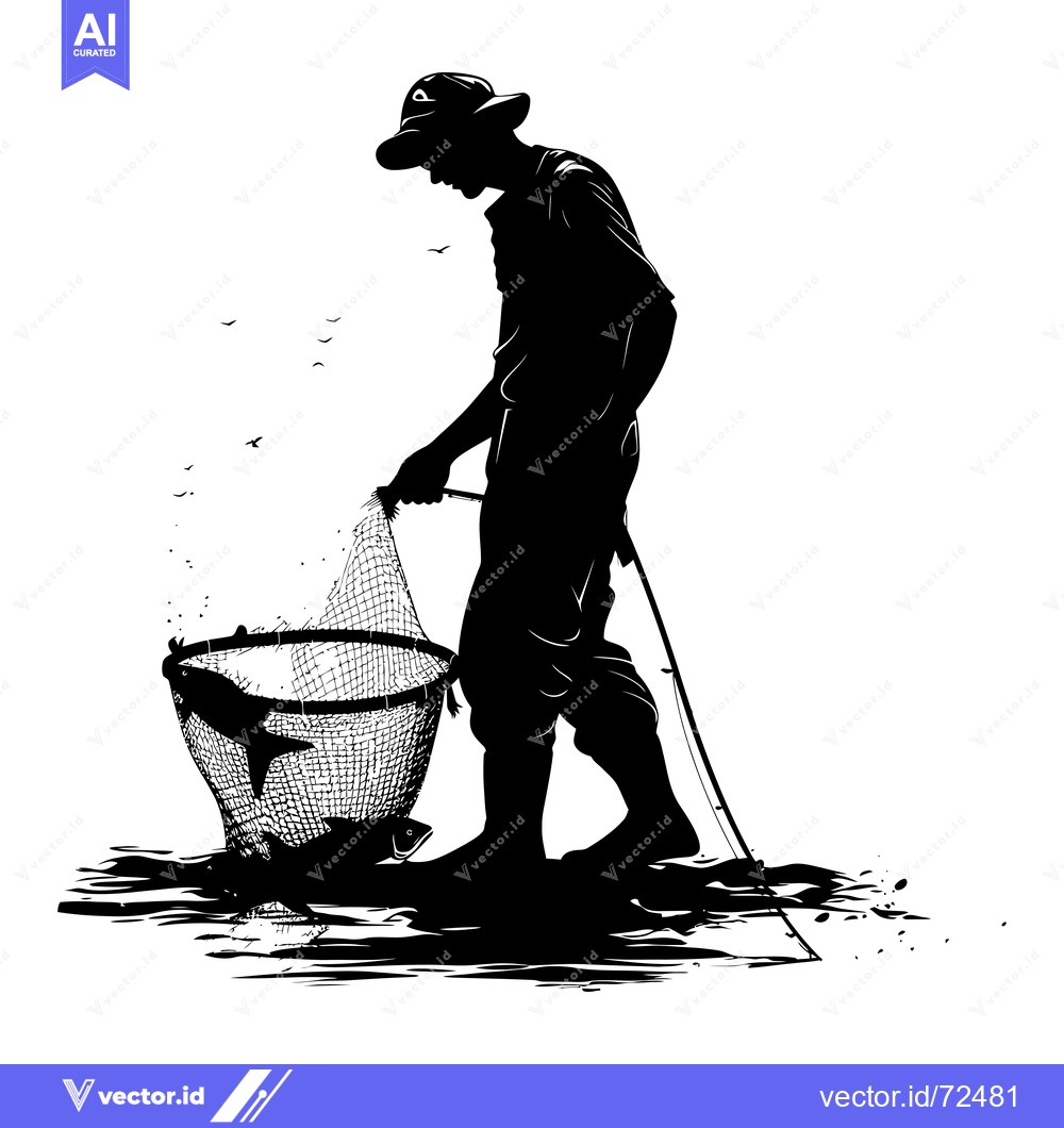 Premium Vector dari Silhouette of a Fisherman Holding a Net Full of Fish
