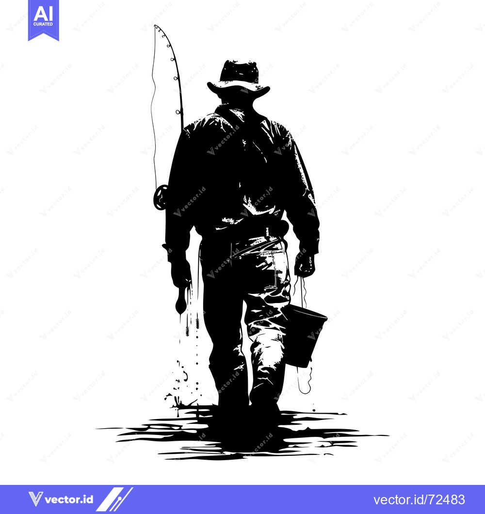 Premium Vector dari Silhouette of a Fisherman Walking Away with a Fishing Rod and Bucket