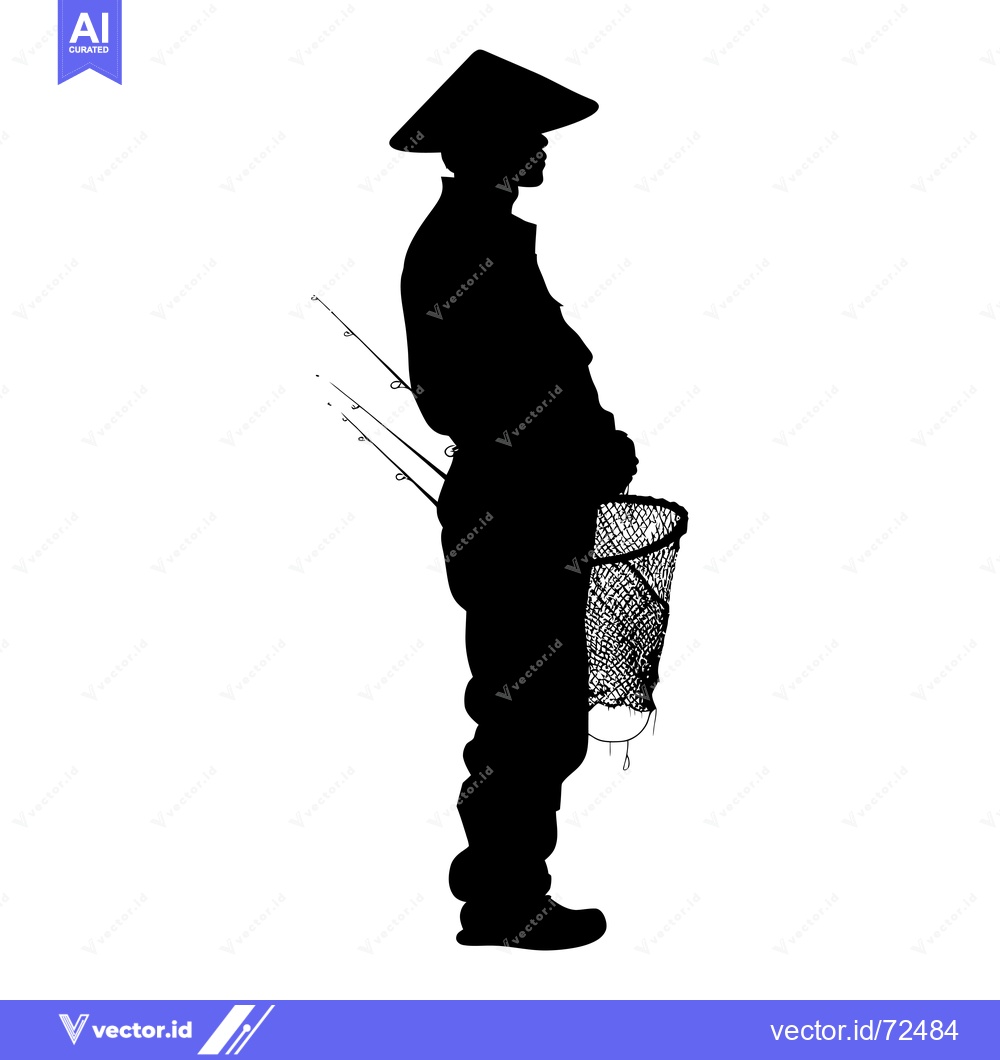 Premium Vector of Silhouette of a Fisherman with a Conical Hat and Fishing Gear