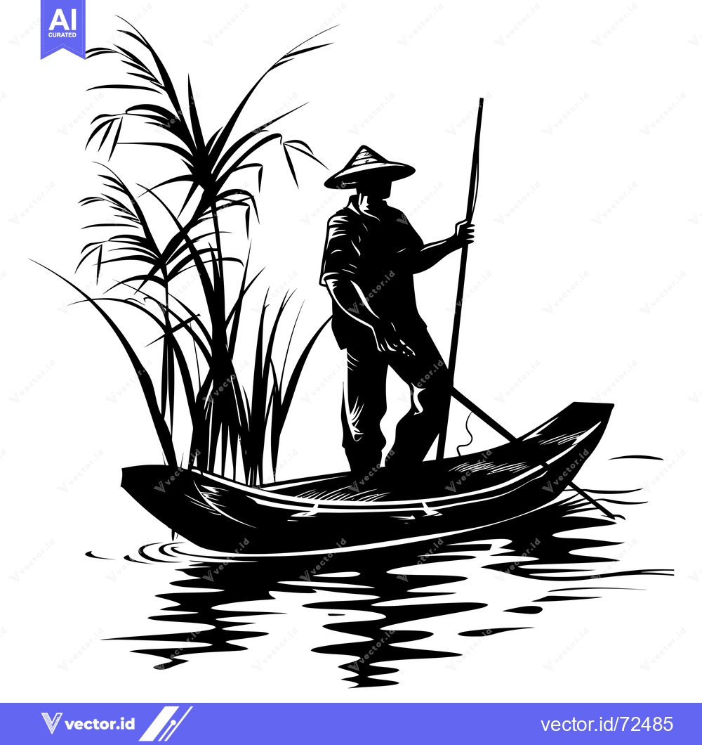 Premium Vector dari Silhouette of a Man in a Boat with a Pole, Navigating a Body of Water