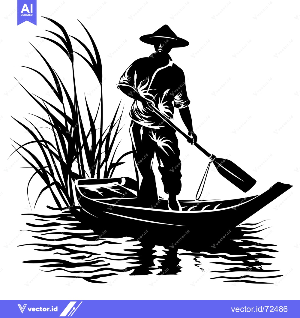 Premium Vector of Silhouette of a Man Paddling a Boat Through Tall Grass